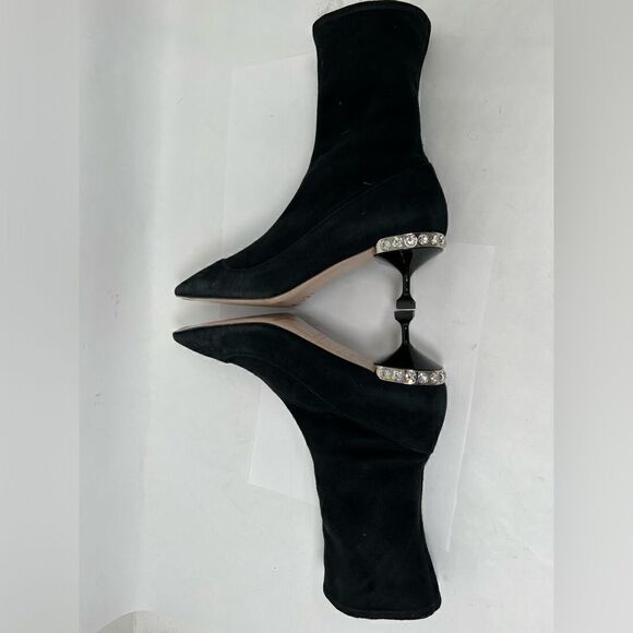 Miu Miu Women's Black Suede Kitten Heel Rhine Stone Sock Boots Size 40 US 10 - Picture 7 of 14